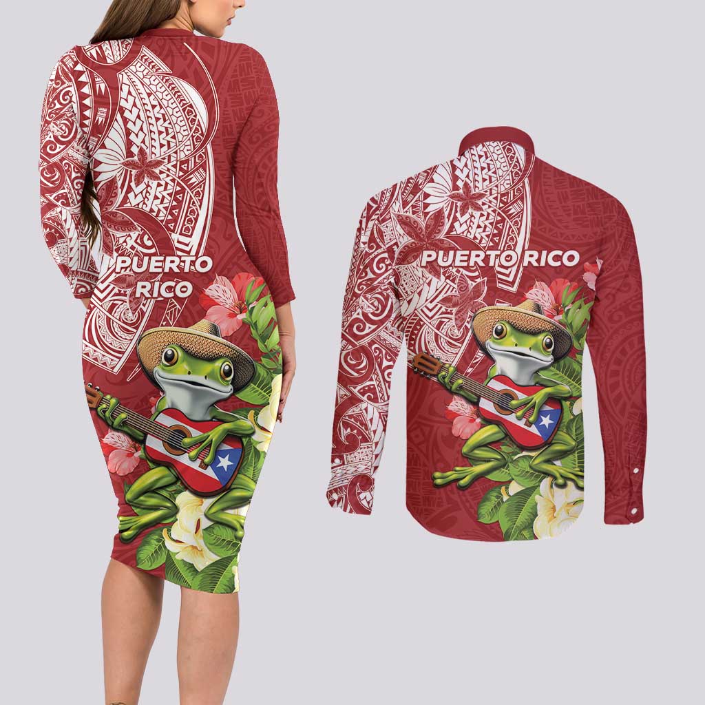 Puerto Rico Coqui Frog Couples Matching Long Sleeve Bodycon Dress and Long Sleeve Button Shirt Tropical Flowers Polynesian Style LT05 - Polynesian Pride