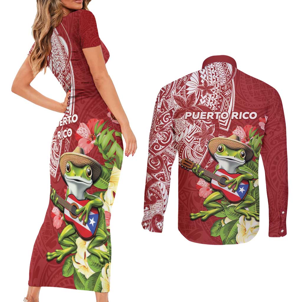 Puerto Rico Coqui Frog Couples Matching Short Sleeve Bodycon Dress and Long Sleeve Button Shirt Tropical Flowers Polynesian Style LT05 - Polynesian Pride