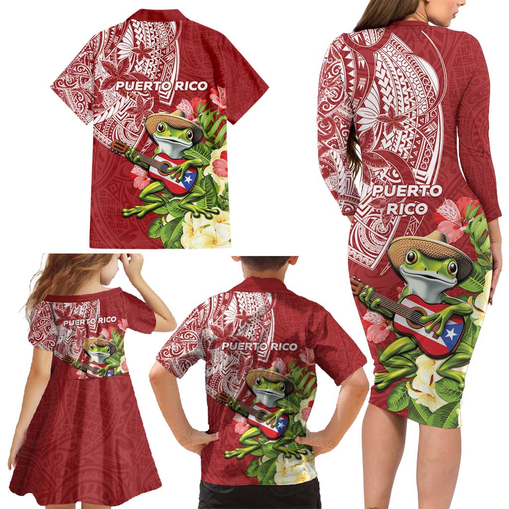 Puerto Rico Coqui Frog Family Matching Long Sleeve Bodycon Dress and Hawaiian Shirt Tropical Flowers Polynesian Style LT05 - Polynesian Pride