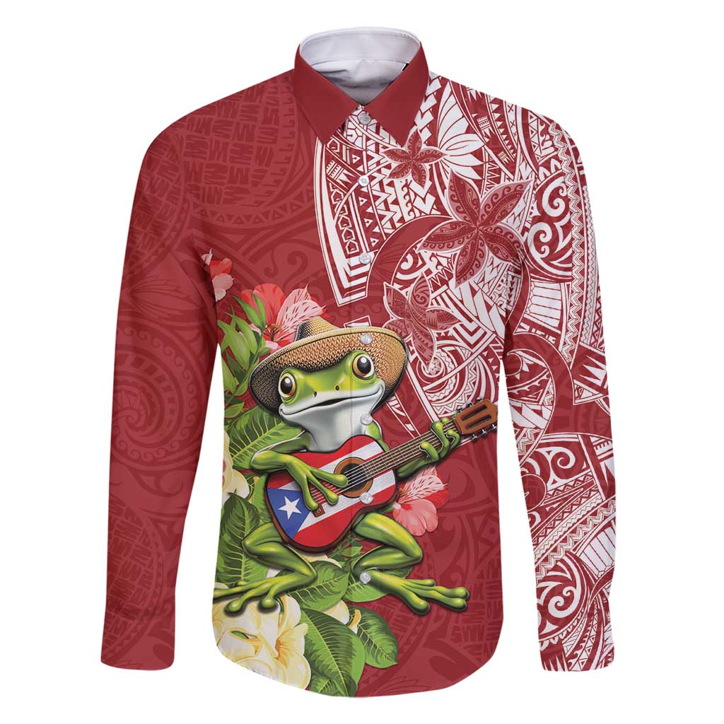 Puerto Rico Coqui Frog Family Matching Mermaid Dress and Hawaiian Shirt Tropical Flowers Polynesian Style LT05 Dad's Shirt - Long Sleeve Red - Polynesian Pride