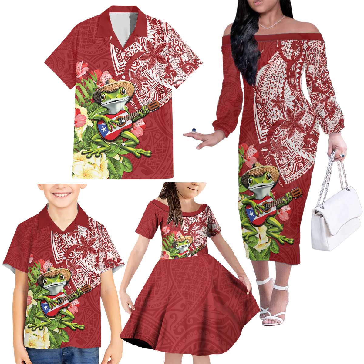 Puerto Rico Coqui Frog Family Matching Off The Shoulder Long Sleeve Dress and Hawaiian Shirt Tropical Flowers Polynesian Style LT05 - Polynesian Pride