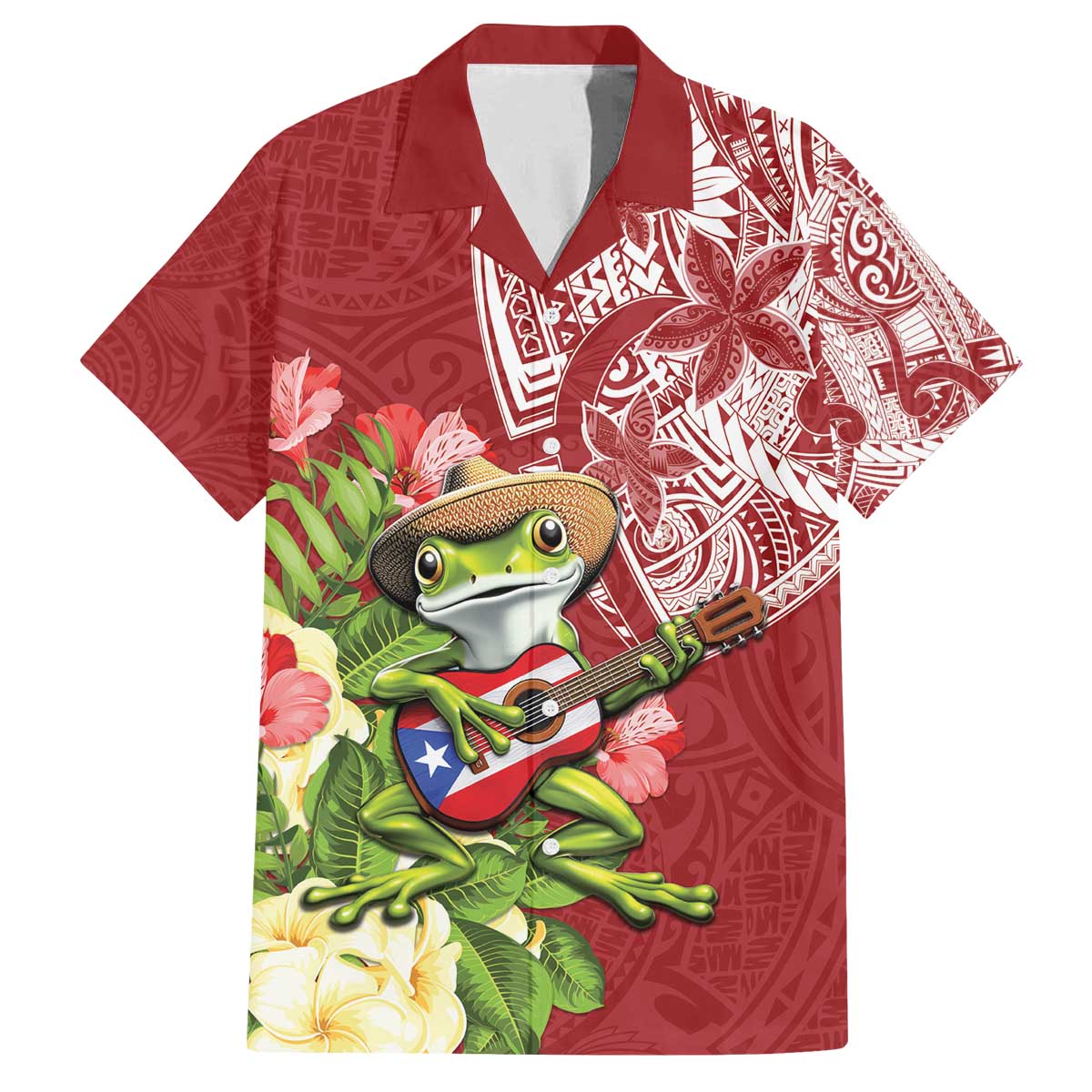 Puerto Rico Coqui Frog Family Matching Off The Shoulder Long Sleeve Dress and Hawaiian Shirt Tropical Flowers Polynesian Style LT05 Dad's Shirt - Short Sleeve Red - Polynesian Pride