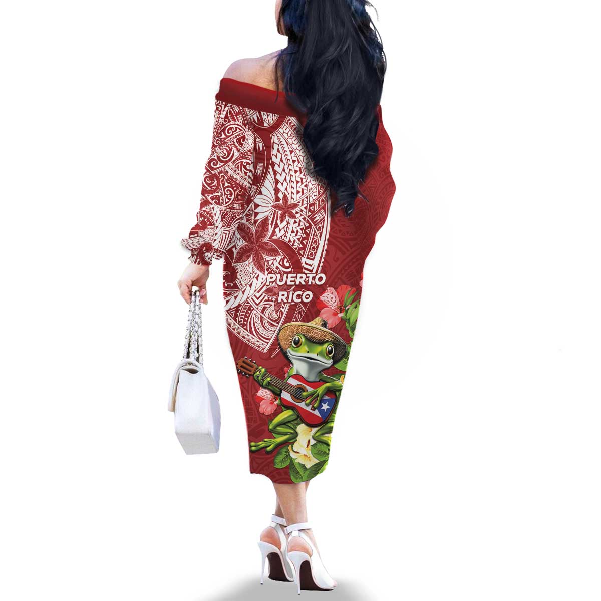 Puerto Rico Coqui Frog Family Matching Off The Shoulder Long Sleeve Dress and Hawaiian Shirt Tropical Flowers Polynesian Style LT05 - Polynesian Pride