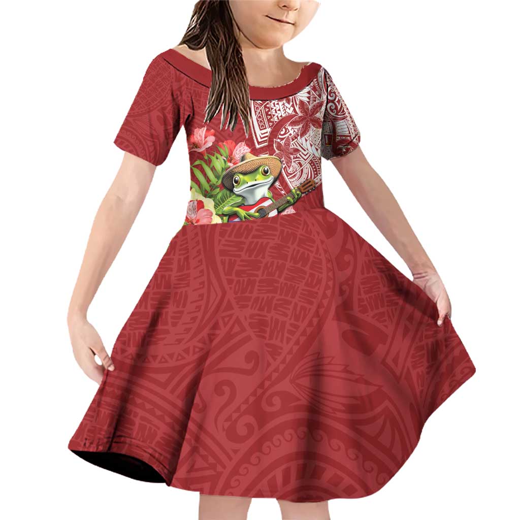 Puerto Rico Coqui Frog Family Matching Off Shoulder Short Dress and Hawaiian Shirt Tropical Flowers Polynesian Style LT05 Daughter's Dress Red - Polynesian Pride