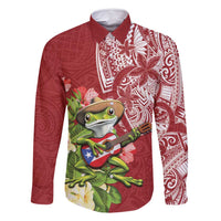 Puerto Rico Coqui Frog Family Matching Off Shoulder Short Dress and Hawaiian Shirt Tropical Flowers Polynesian Style LT05 Dad's Shirt - Long Sleeve Red - Polynesian Pride