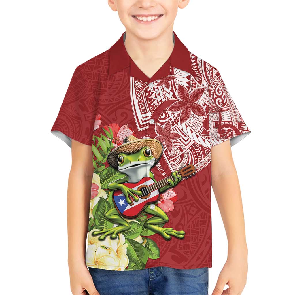 Puerto Rico Coqui Frog Family Matching Summer Maxi Dress and Hawaiian Shirt Tropical Flowers Polynesian Style LT05 Son's Shirt Red - Polynesian Pride