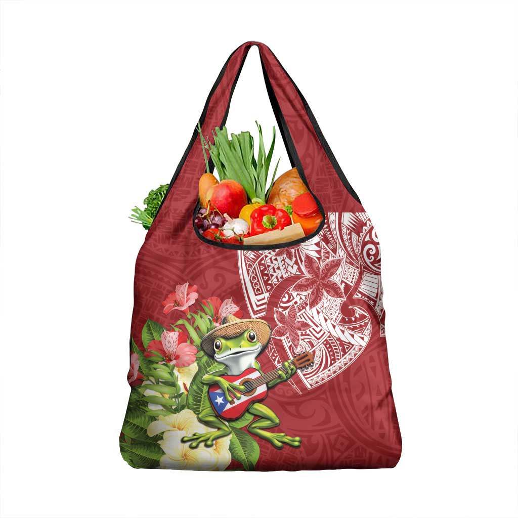 Puerto Rico Coqui Frog Grocery Bag Tropical Flowers Polynesian Style LT05 1-pack One Size Red - Polynesian Pride