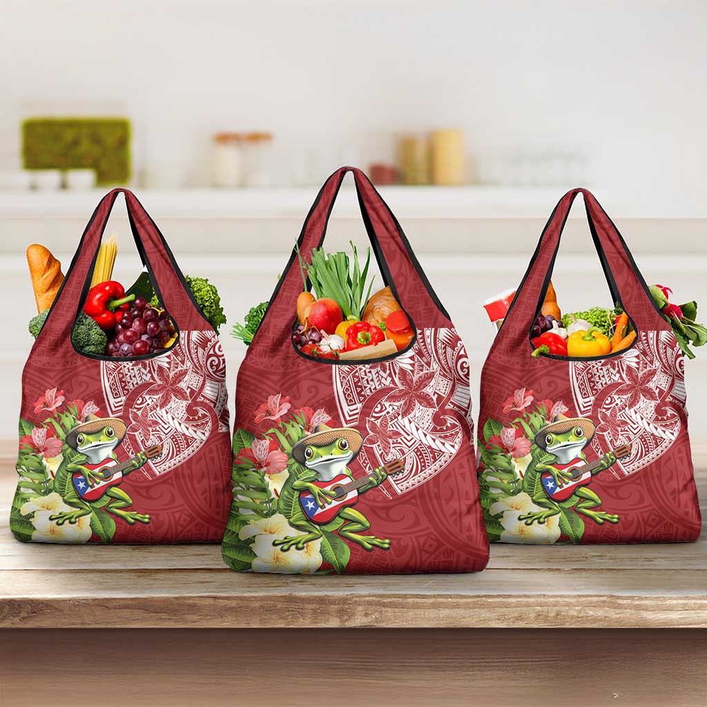 Puerto Rico Coqui Frog Grocery Bag Tropical Flowers Polynesian Style LT05 3-pack One Size Red - Polynesian Pride