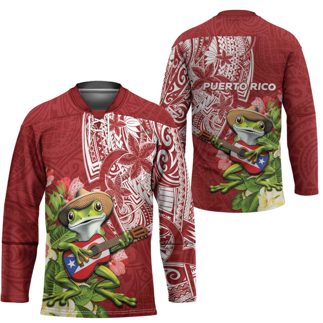 Puerto Rico Coqui Frog Hockey Jersey Tropical Flowers Polynesian Style - Polynesian Pride