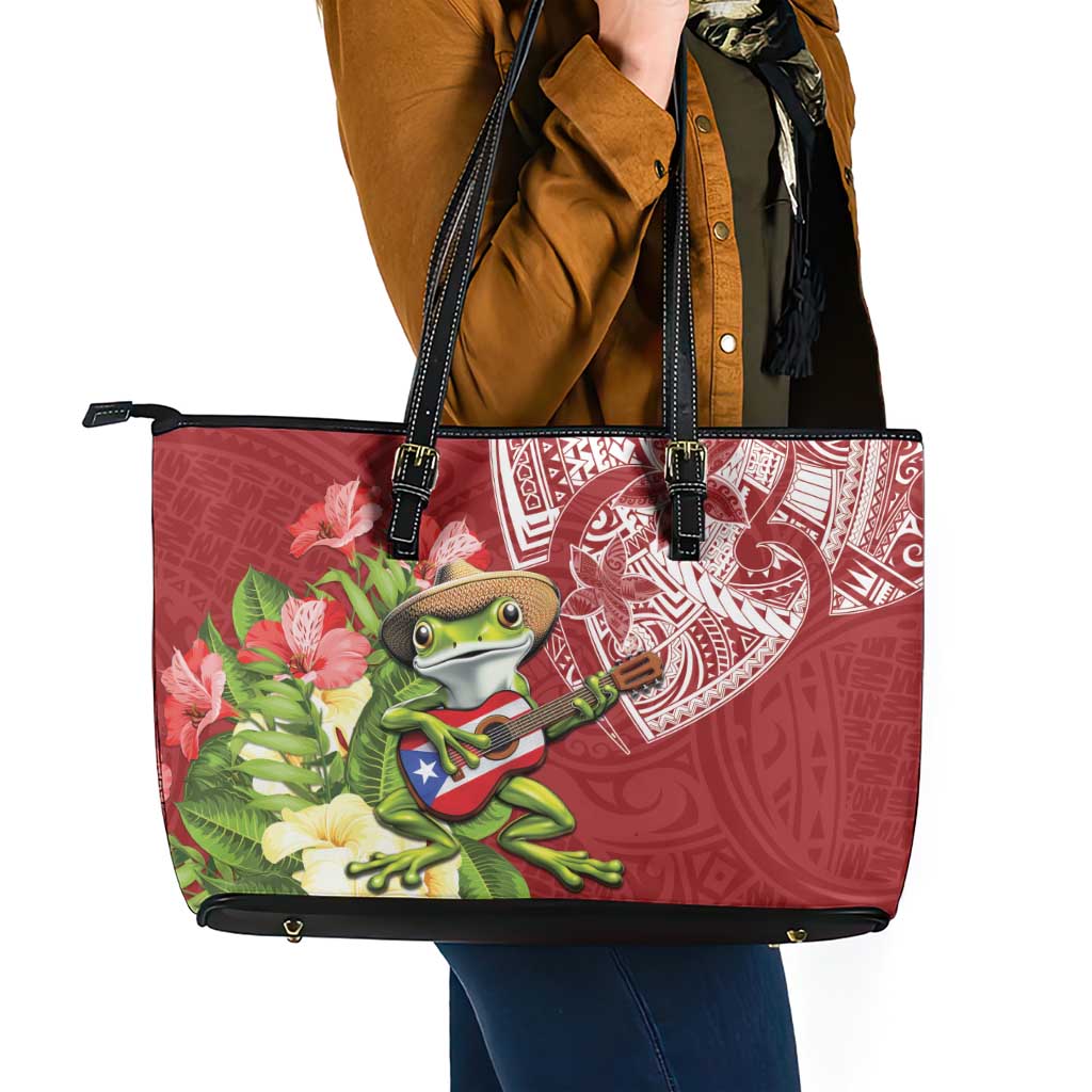 Puerto Rico Coqui Frog Leather Tote Bag Tropical Flowers Polynesian Style LT05 - Polynesian Pride