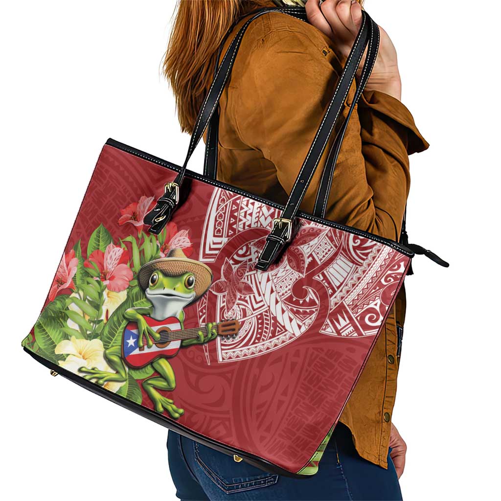 Puerto Rico Coqui Frog Leather Tote Bag Tropical Flowers Polynesian Style LT05 - Polynesian Pride
