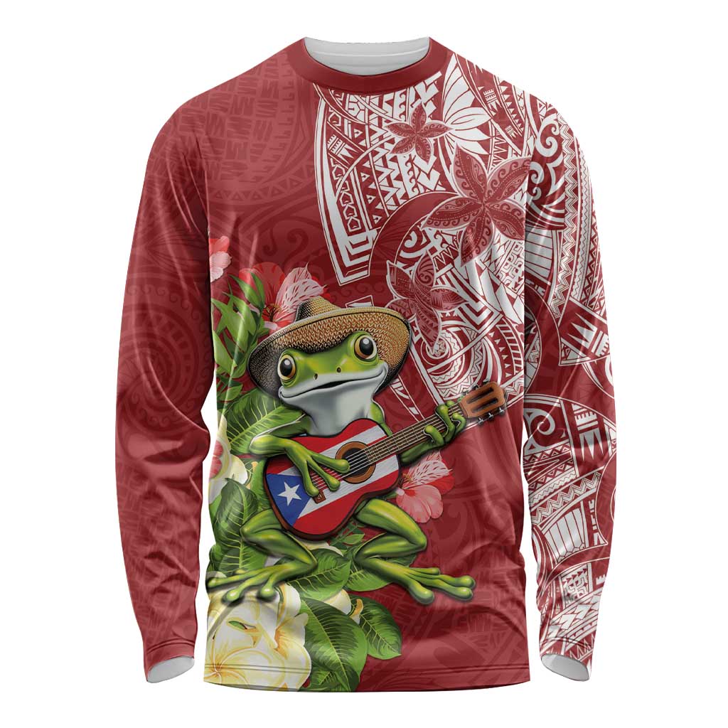 Puerto Rico Coqui Frog Long Sleeve Shirt Tropical Flowers Polynesian Style LT05 Unisex Red - Polynesian Pride
