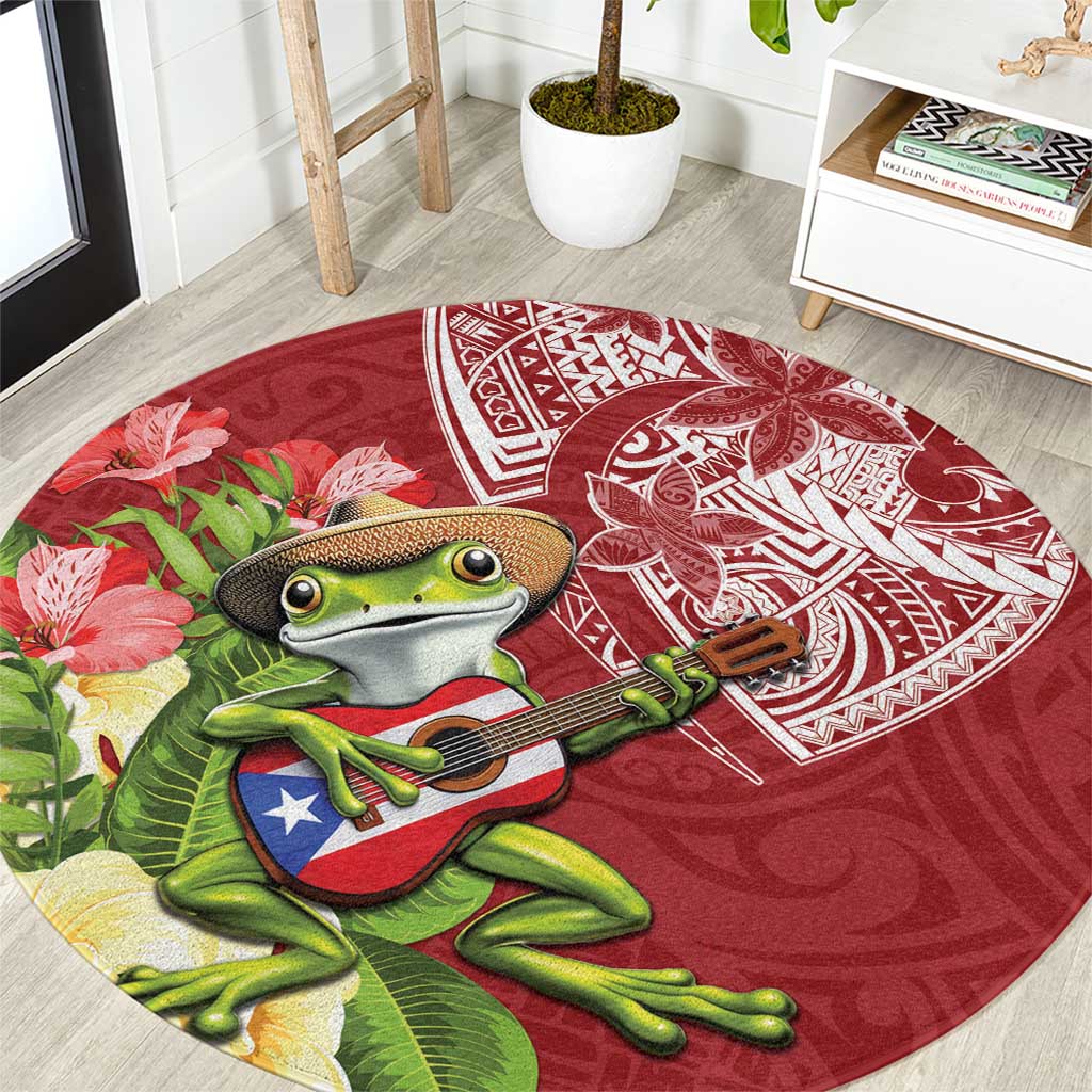Puerto Rico Coqui Frog Round Carpet Tropical Flowers Polynesian Style LT05 Red - Polynesian Pride