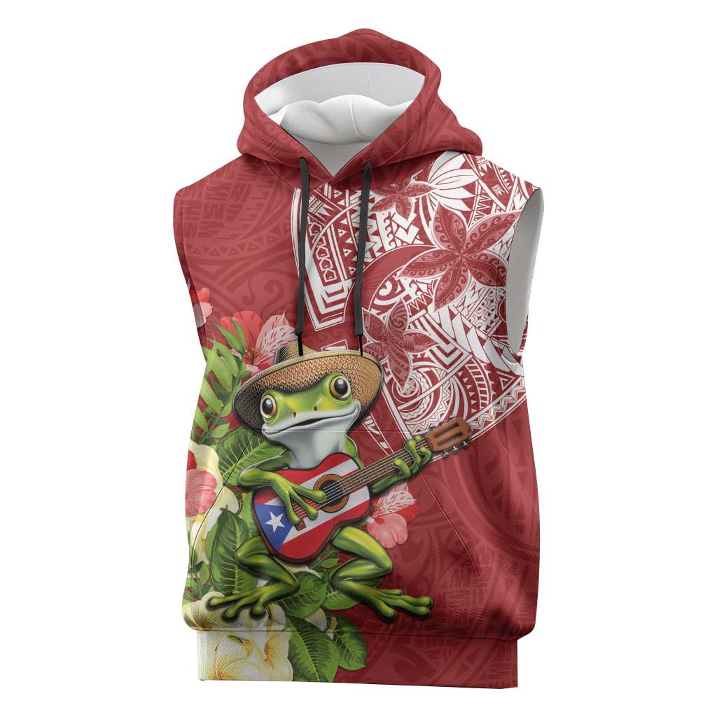 Puerto Rico Coqui Frog Sleeveless Hoodie Tropical Flowers Polynesian Style - Polynesian Pride