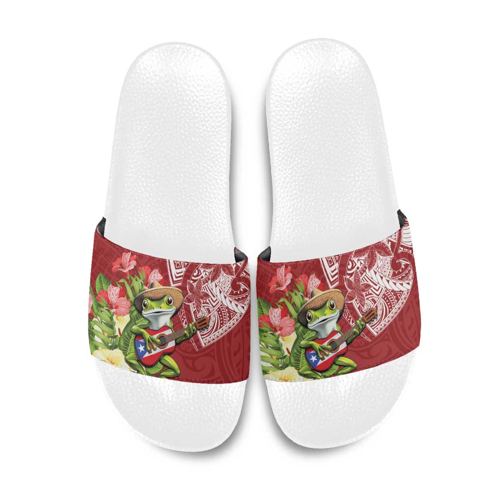 Puerto Rico Coqui Frog Slide Sandals Tropical Flowers Polynesian Style LT05 Red - Polynesian Pride