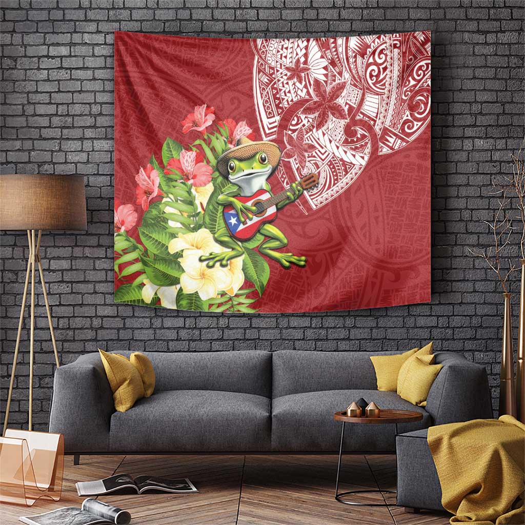 Puerto Rico Coqui Frog Tapestry Tropical Flowers Polynesian Style LT05 Red - Polynesian Pride