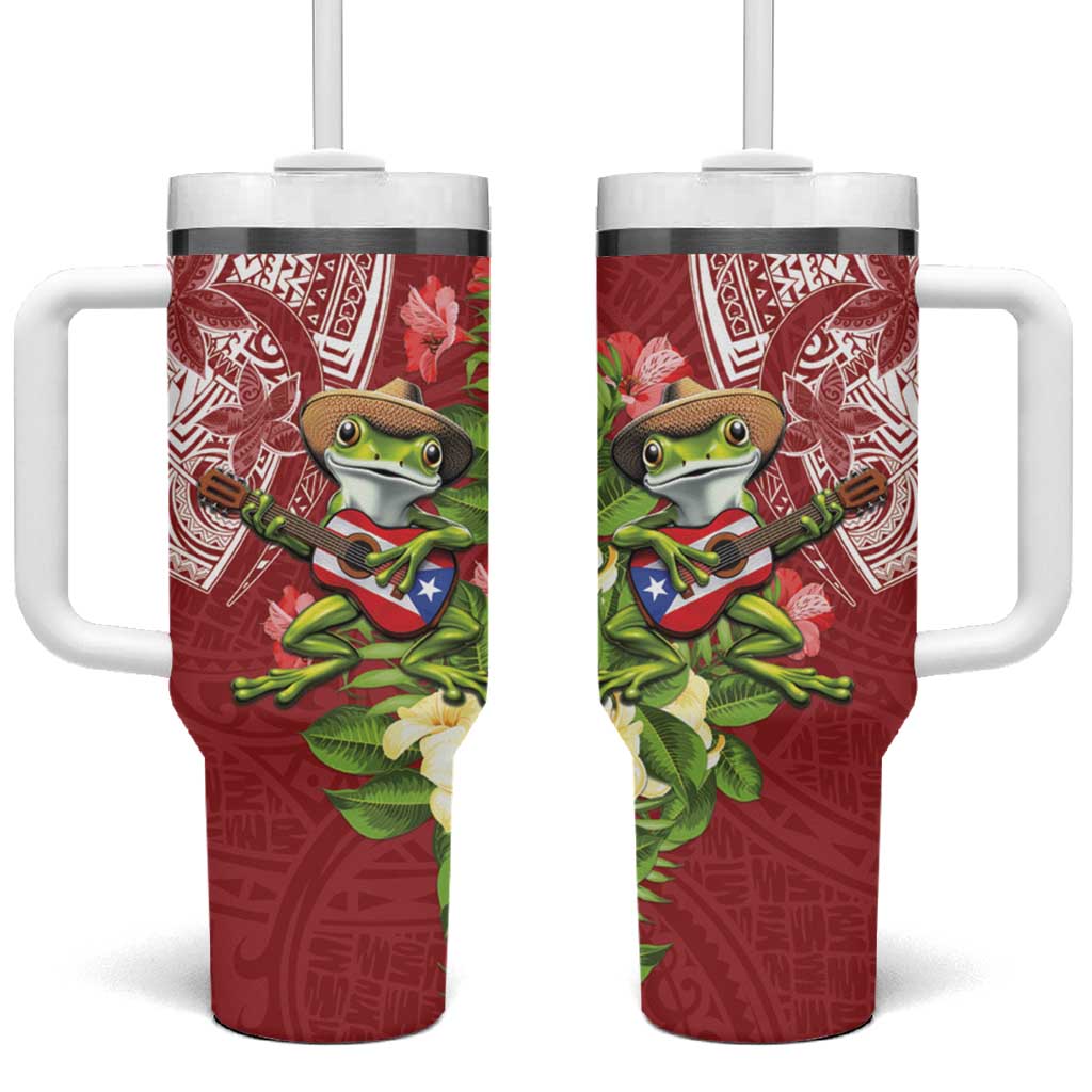 Puerto Rico Coqui Frog Tumbler With Handle Tropical Flowers Polynesian Style LT05 One Size: 40 oz Red - Polynesian Pride