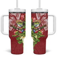 Puerto Rico Coqui Frog Tumbler With Handle Tropical Flowers Polynesian Style LT05 One Size: 40 oz Red - Polynesian Pride