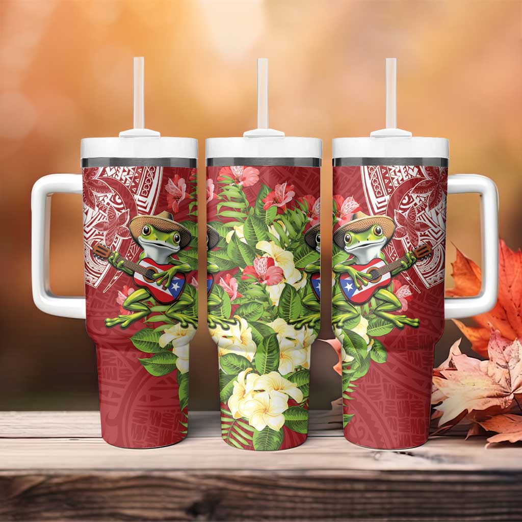 Puerto Rico Coqui Frog Tumbler With Handle Tropical Flowers Polynesian Style LT05 - Polynesian Pride