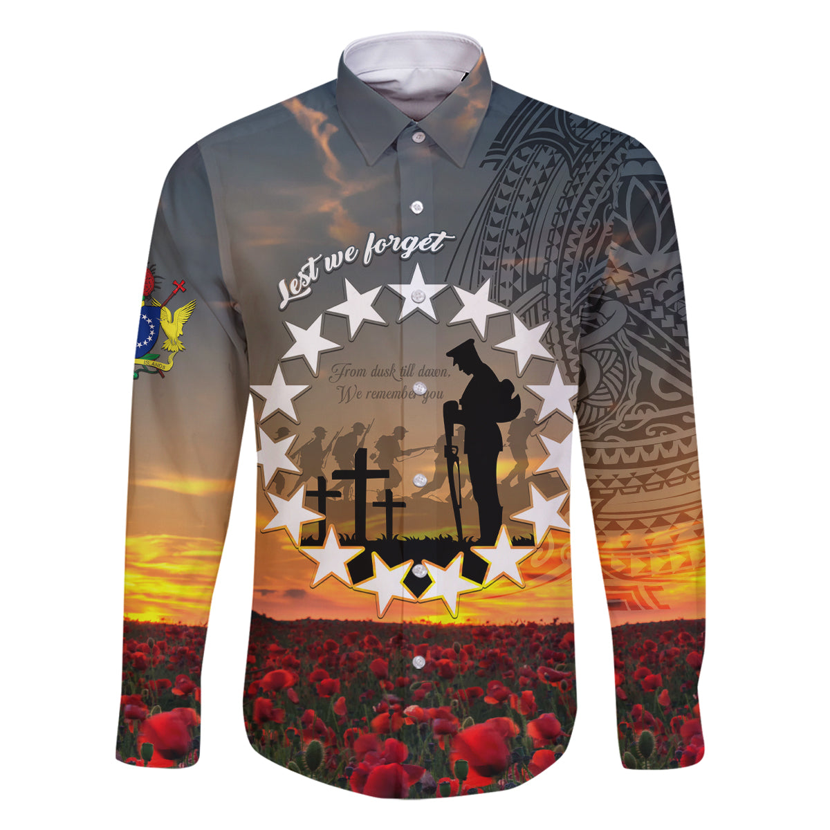 Cook Islands ANZAC Day Family Matching Off Shoulder Maxi Dress and Hawaiian Shirt Lest We Forget LT05 Dad's Shirt - Long Sleeve Grey - Polynesian Pride