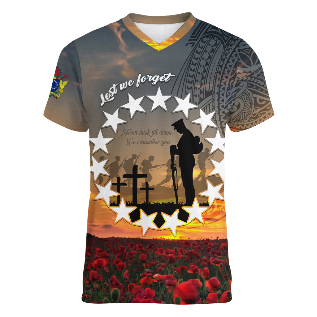 Cook Islands ANZAC Day Women V Neck T Shirt Lest We Forget LT05 Female Grey - Polynesian Pride