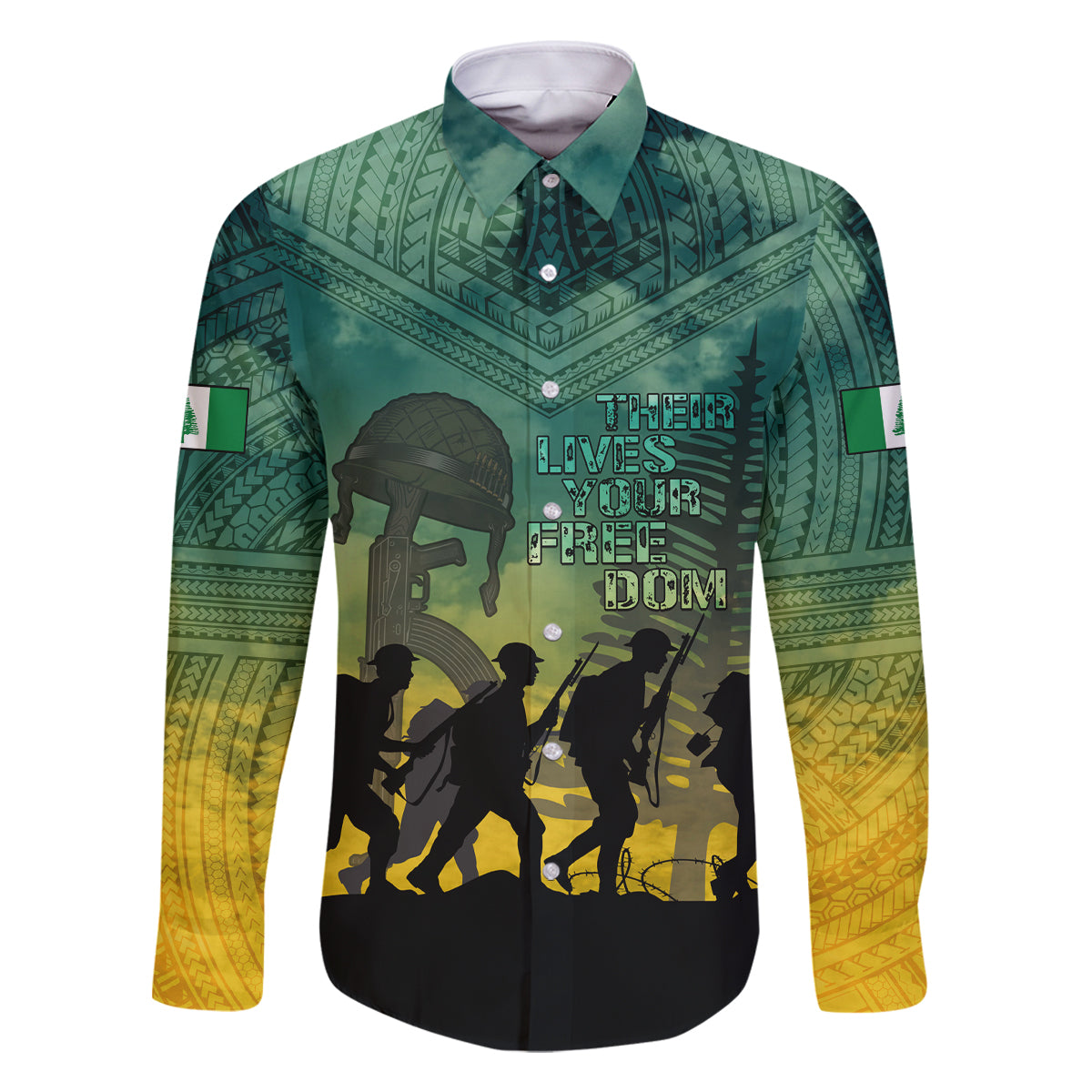 Norfolk Island ANZAC Day Family Matching Off Shoulder Long Sleeve Dress and Hawaiian Shirt Lest We Forget LT05 Dad's Shirt - Long Sleeve Dark Cyan - Polynesian Pride