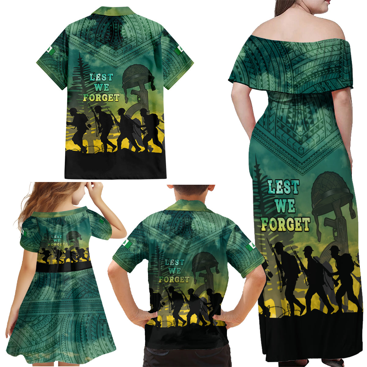 Norfolk Island ANZAC Day Family Matching Off Shoulder Maxi Dress and Hawaiian Shirt Lest We Forget LT05 - Polynesian Pride