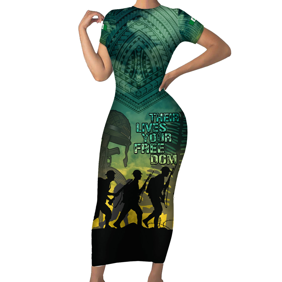 Norfolk Island ANZAC Day Family Matching Short Sleeve Bodycon Dress and Hawaiian Shirt Lest We Forget LT05 Mom's Dress Dark Cyan - Polynesian Pride
