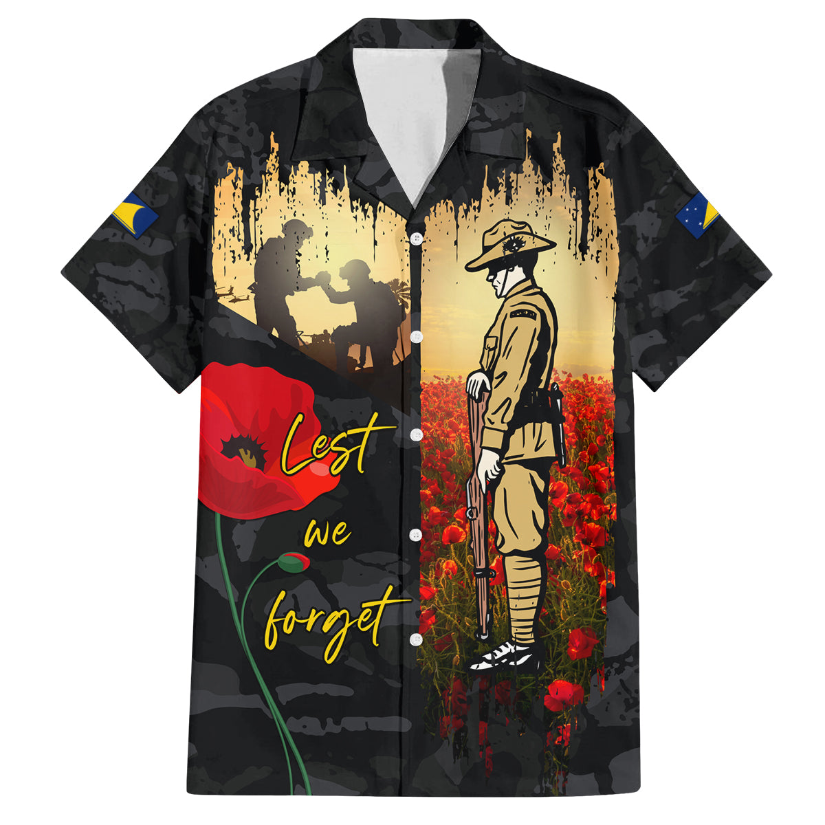 Tokelau ANZAC Day Family Matching Summer Maxi Dress and Hawaiian Shirt Lest We Forget LT05 Dad's Shirt - Short Sleeve Black - Polynesian Pride