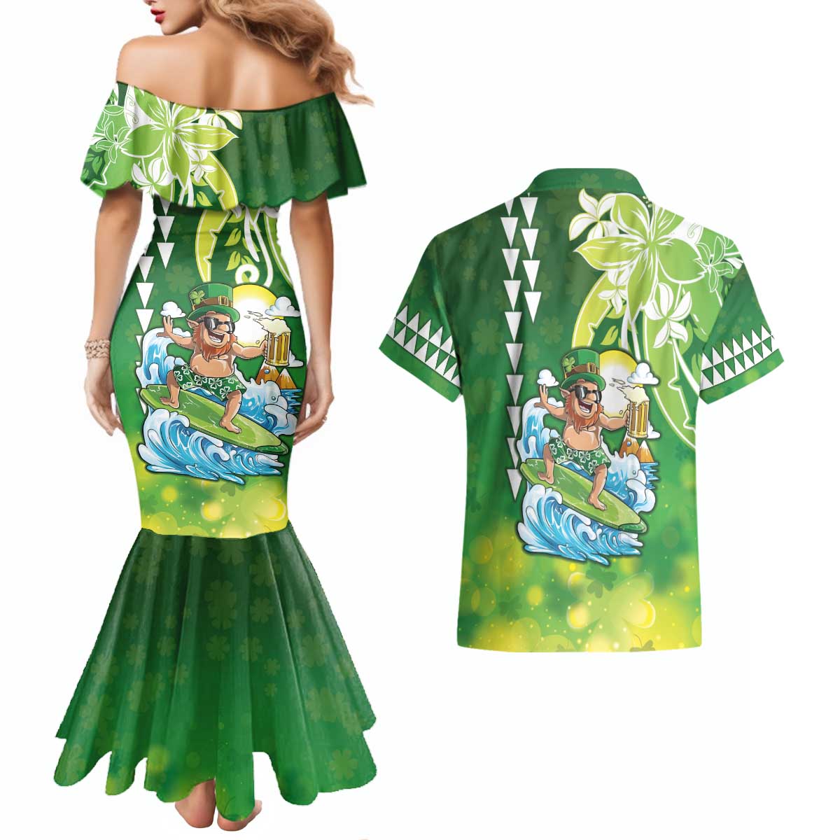 Hawaii Saint Patrick's Day Couples Matching Mermaid Dress and Hawaiian Shirt Funny Surfing Leprechaun LT05 - Polynesian Pride