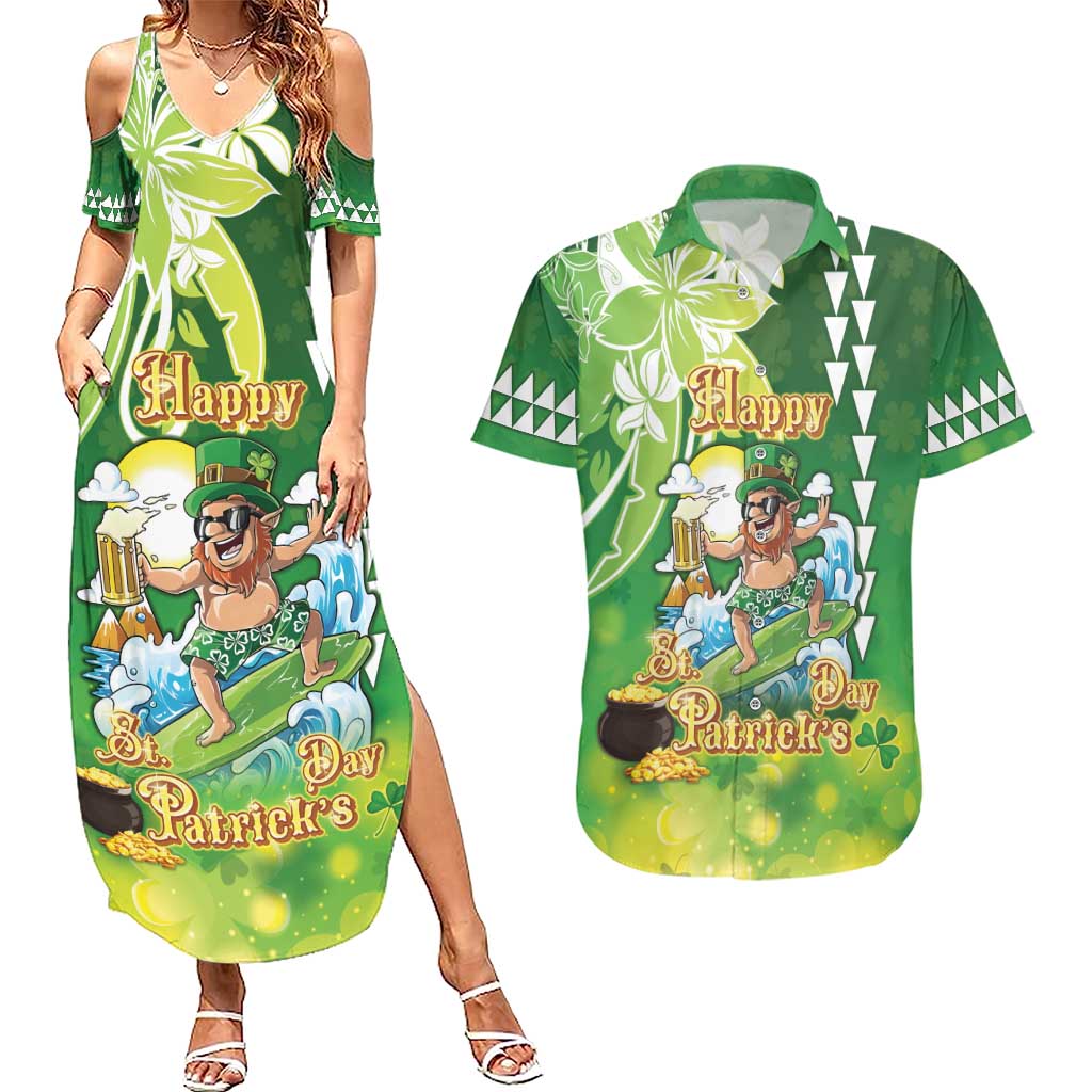Hawaii Saint Patrick's Day Couples Matching Summer Maxi Dress and Hawaiian Shirt Funny Surfing Leprechaun
