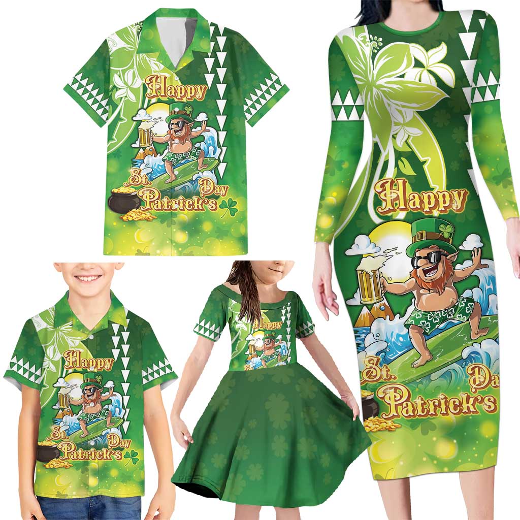 Hawaii Saint Patrick's Day Family Matching Long Sleeve Bodycon Dress and Hawaiian Shirt Funny Surfing Leprechaun LT05 - Polynesian Pride