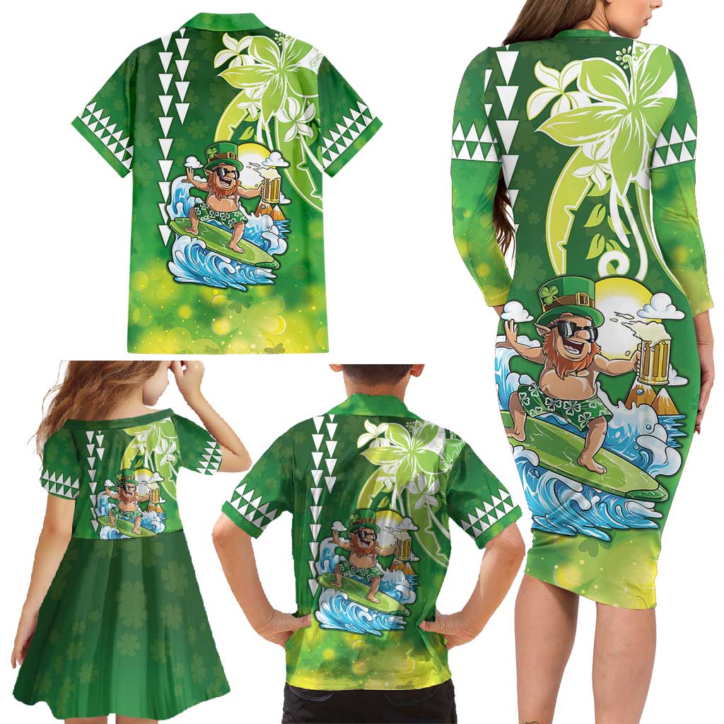 Hawaii Saint Patrick's Day Family Matching Long Sleeve Bodycon Dress and Hawaiian Shirt Funny Surfing Leprechaun LT05 - Polynesian Pride