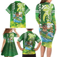 Hawaii Saint Patrick's Day Family Matching Long Sleeve Bodycon Dress and Hawaiian Shirt Funny Surfing Leprechaun LT05 - Polynesian Pride