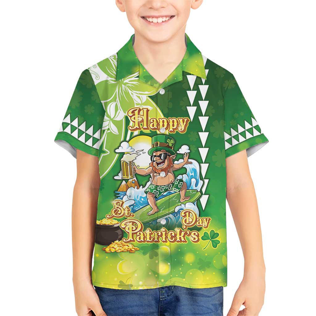 Hawaii Saint Patrick's Day Family Matching Long Sleeve Bodycon Dress and Hawaiian Shirt Funny Surfing Leprechaun LT05 Son's Shirt Green - Polynesian Pride