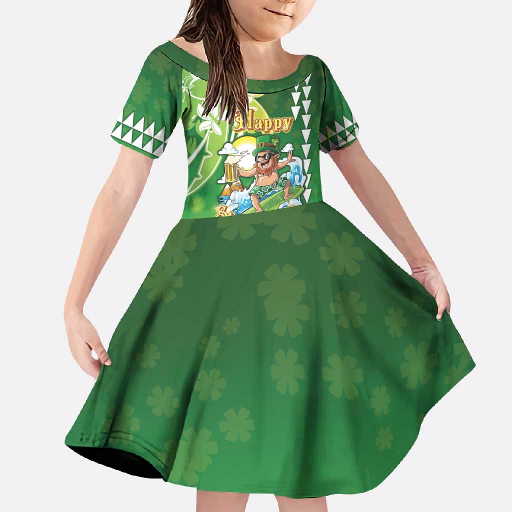 Hawaii Saint Patrick's Day Family Matching Mermaid Dress and Hawaiian Shirt Funny Surfing Leprechaun LT05 Daughter's Dress Green - Polynesian Pride
