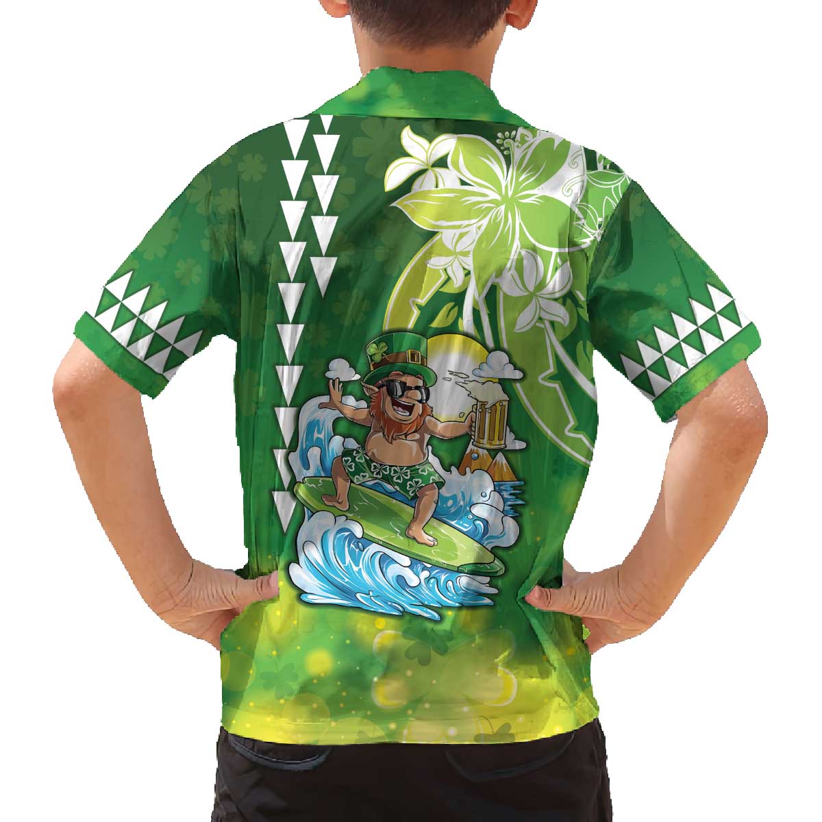 Hawaii Saint Patrick's Day Family Matching Off The Shoulder Long Sleeve Dress and Hawaiian Shirt Funny Surfing Leprechaun LT05 - Polynesian Pride
