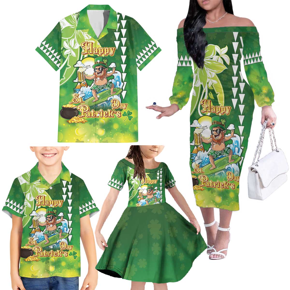Hawaii Saint Patrick's Day Family Matching Off The Shoulder Long Sleeve Dress and Hawaiian Shirt Funny Surfing Leprechaun LT05 - Polynesian Pride