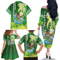 Hawaii Saint Patrick's Day Family Matching Off The Shoulder Long Sleeve Dress and Hawaiian Shirt Funny Surfing Leprechaun LT05 - Polynesian Pride