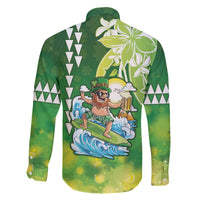 Hawaii Saint Patrick's Day Family Matching Off The Shoulder Long Sleeve Dress and Hawaiian Shirt Funny Surfing Leprechaun LT05 - Polynesian Pride