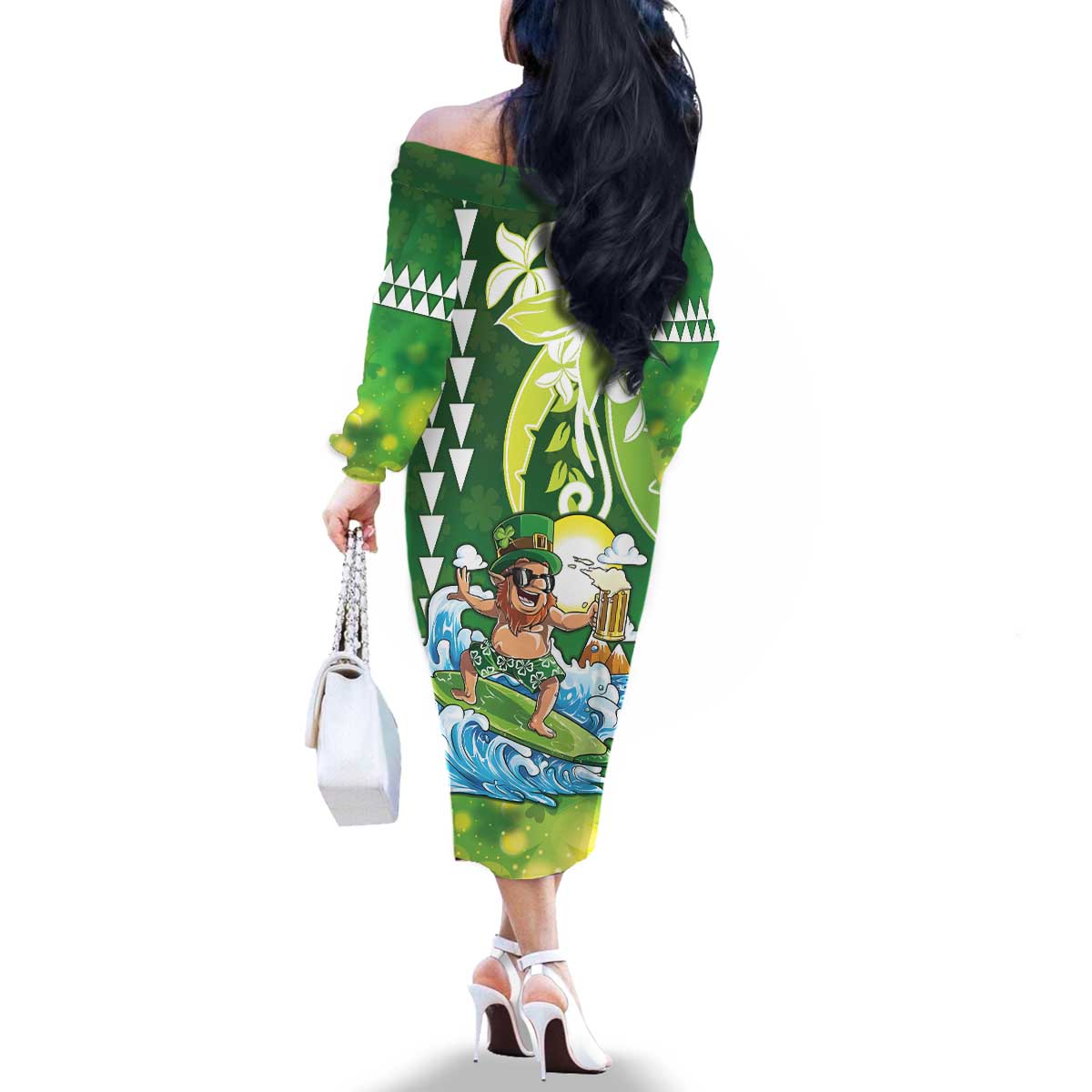 Hawaii Saint Patrick's Day Family Matching Off The Shoulder Long Sleeve Dress and Hawaiian Shirt Funny Surfing Leprechaun LT05 - Polynesian Pride