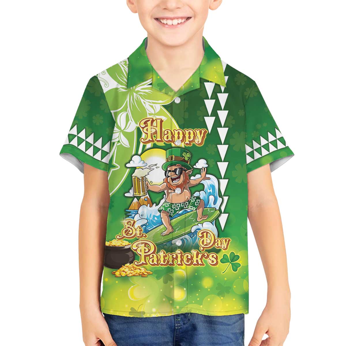 Hawaii Saint Patrick's Day Family Matching Off The Shoulder Long Sleeve Dress and Hawaiian Shirt Funny Surfing Leprechaun LT05 Son's Shirt Green - Polynesian Pride