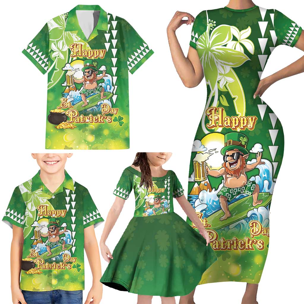 Hawaii Saint Patrick's Day Family Matching Short Sleeve Bodycon Dress and Hawaiian Shirt Funny Surfing Leprechaun LT05 - Polynesian Pride