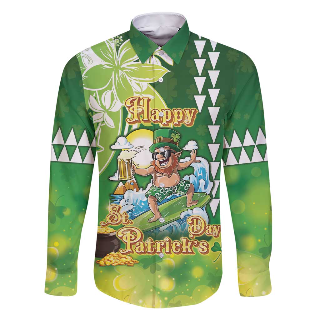 Hawaii Saint Patrick's Day Family Matching Short Sleeve Bodycon Dress and Hawaiian Shirt Funny Surfing Leprechaun LT05 Dad's Shirt - Long Sleeve Green - Polynesian Pride