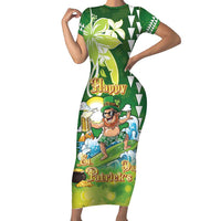 Hawaii Saint Patrick's Day Family Matching Short Sleeve Bodycon Dress and Hawaiian Shirt Funny Surfing Leprechaun LT05 Mom's Dress Green - Polynesian Pride