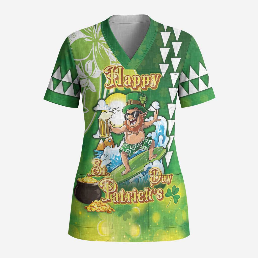 Hawaii Saint Patrick's Day Scrub Top Funny Surfing Leprechaun - Polynesian Pride