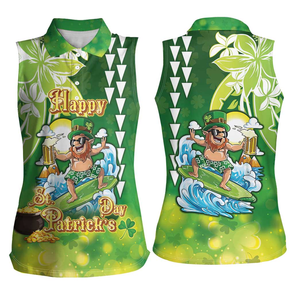 Hawaii Saint Patrick's Day Women Sleeveless Polo Shirt Funny Surfing Leprechaun