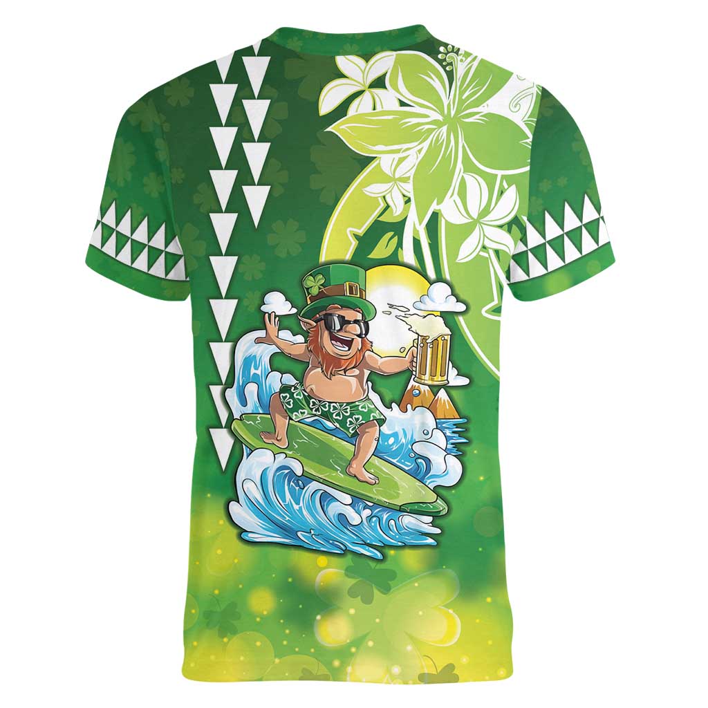 Hawaii Saint Patrick's Day Women V-Neck T-Shirt Funny Surfing Leprechaun