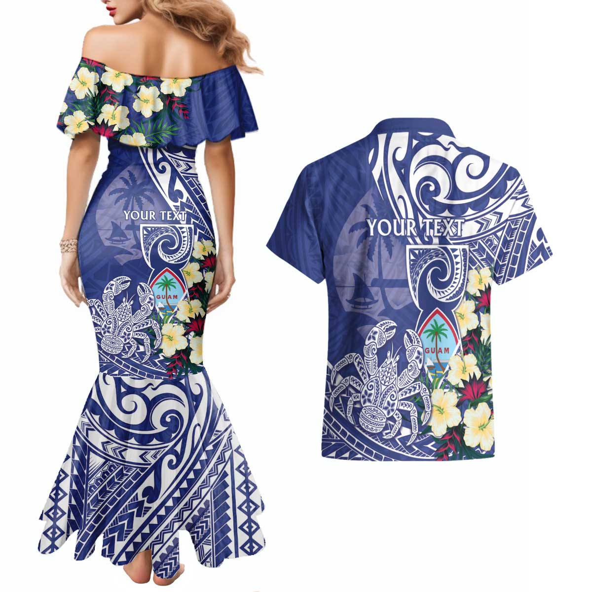 Personalised Hafa Adai Guam Couples Matching Mermaid Dress and Hawaiian Shirt Latte Stone With Coconut Crab