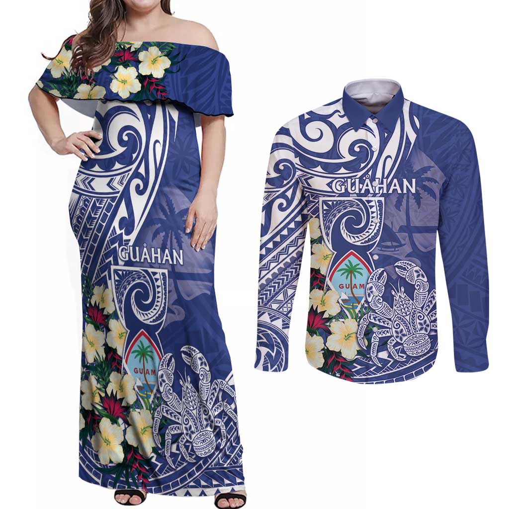 Personalised Hafa Adai Guam Couples Matching Off Shoulder Maxi Dress and Long Sleeve Button Shirt Latte Stone With Coconut Crab